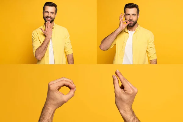 Collage del hombre usando lenguaje de señas sobre fondo amarillo - foto de stock