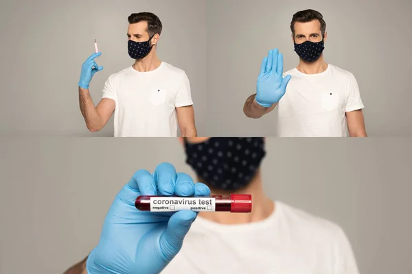 Collage de hombre con máscara de seguridad y guante de látex que sostiene la jeringa, tubo de ensayo con muestra de sangre y letras de coronavirus y muestra señal de stop aislada en gris - foto de stock