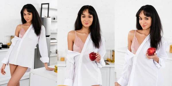 Collage of african american woman in white shirt holding apple, smiling and looking at camera in kitchen, panoramic shot — Stock Photo