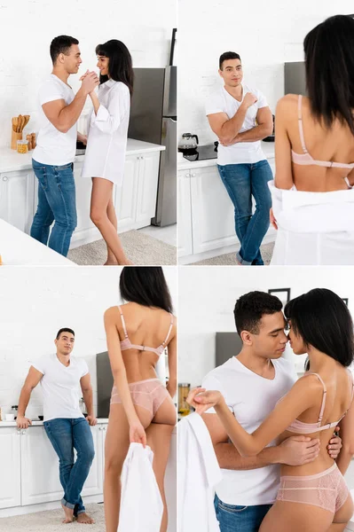 Collage de pareja interracial abrazándose, besándose, tomándose de la mano y mirándose en la cocina - foto de stock