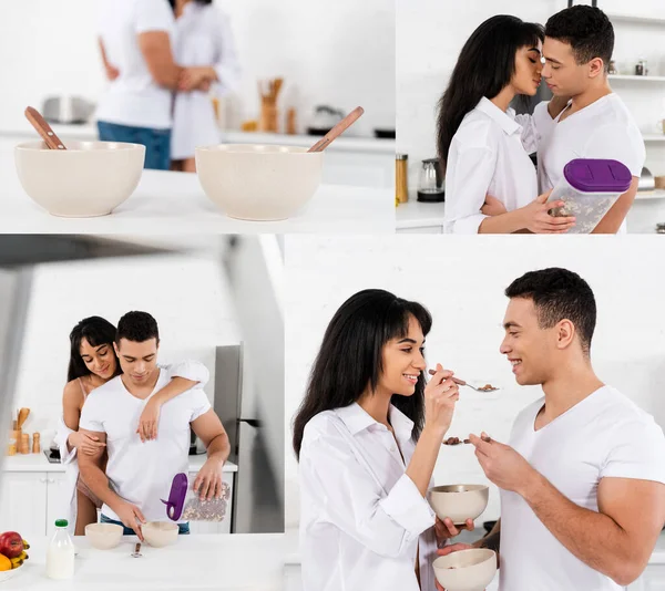 Collage de couple interracial souriant, étreignant, embrassant, préparant la nourriture et se nourrissant mutuellement dans la cuisine — Photo de stock