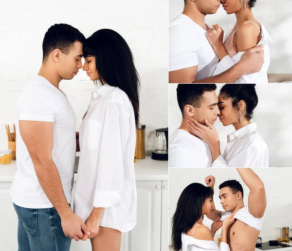 Collage de couple interracial tenant la main, baisers, câlins et femme afro-américaine déshabiller l'homme dans la cuisine et la chambre — Photo de stock