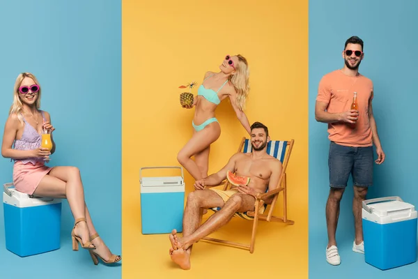 Collage di coppia felice poggiante sul resort con bevande, frutta, sdraio e frigo portatile su blu e giallo — Foto stock