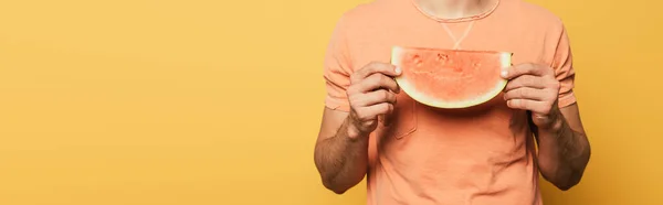 Cropped view of young man holding slice of ripe watermelon on yellow background, panoramic orientation — Stock Photo