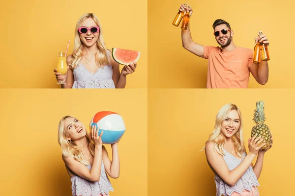 Collage of happy couple resting on summer vacation with inflatable ball, pineapple and watermelon, orange juice and beer on yellow — Stock Photo