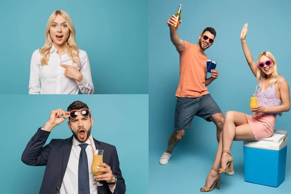 Collage de empresarios sorprendidos y pareja feliz con pasaportes, billetes de avión, bebidas y nevera portátil sobre fondo azul - foto de stock