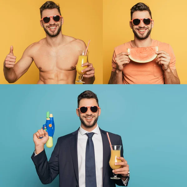Collage de hombre de negocios con jugo de naranja y pistola de agua, mostrando el pulgar hacia arriba y sosteniendo rebanada de sandía en azul y amarillo - foto de stock