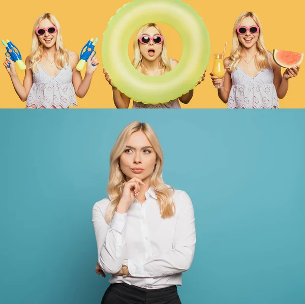 Collage di donna d'affari pensierosa su blu, e donna eccitata con pistola ad acqua, anello di nuoto, succo d'arancia e anguria su giallo — Foto stock