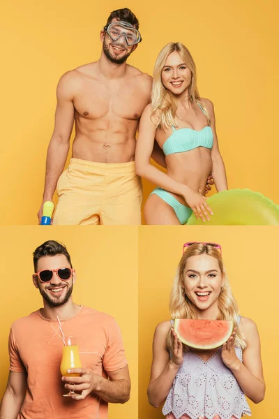 Collage of happy couple on summer vacation with inflatable ring, slice of watermelon, orange juice and diving mask on yellow — Stock Photo