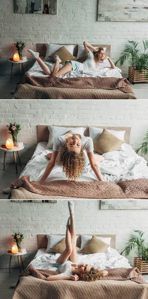 Collage con allegra ragazza in accogliente camera da letto con lampada al sale himalayano — Foto stock