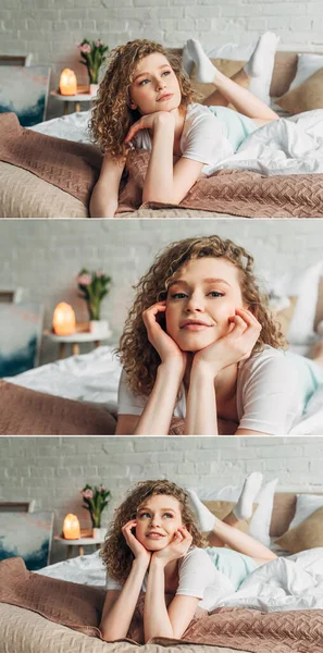 Collage avec belle femme dans une chambre confortable avec lampe au sel himalayen — Photo de stock