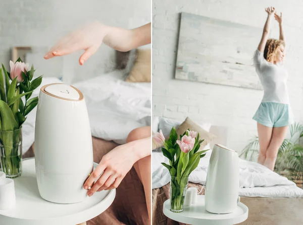 Колаж з молодою жінкою в спальні з очищувачем повітря і тюльпанами — стокове фото