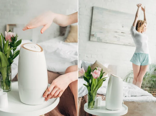 Collage con mujer joven en el dormitorio con purificador de aire y tulipanes - foto de stock