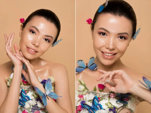 Collage con felice attraente ragazza asiatica nuda in fiori con farfalle sul corpo isolato su beige — Foto stock