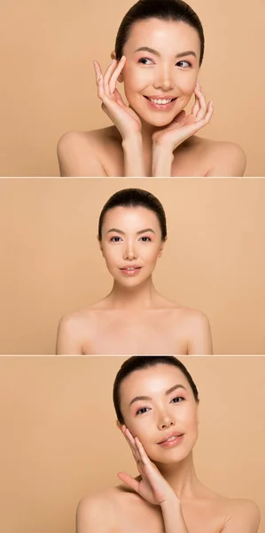 Коллаж с привлекательной обнаженной азиатской девушкой с идеальной кожей, изолированной от бежевого цвета — стоковое фото