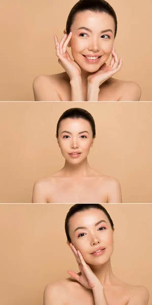 Collage con atractivo desnudo asiático chica con perfecta piel aislada en beige - foto de stock