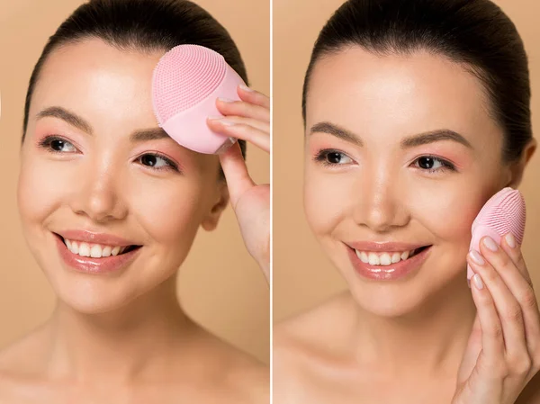 Коллаж с привлекательной улыбающейся обнаженной азиатской девушкой с помощью силиконовой очищающей щетки для лица, изолированной на бежевом — стоковое фото