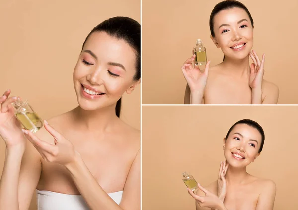 College with attractive happy asian girl holding bottle of perfume isolated on beige — Stock Photo