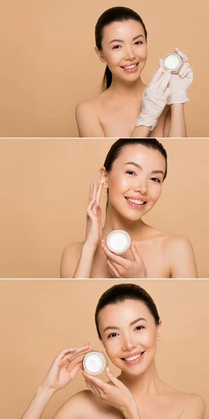 Collage mit lächelnden nackten asiatischen Mädchen in Latex-Handschuhen, die Gesichtscreme isoliert auf beige auftragen — Stockfoto