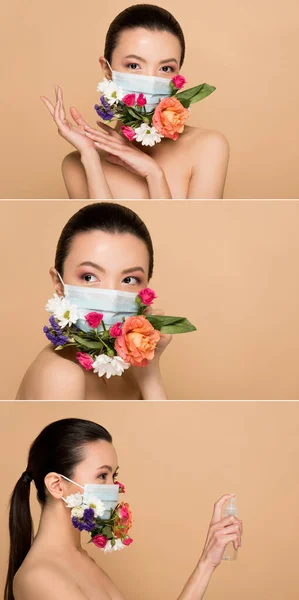 Колаж з привабливою оголеною азіатською дівчиною в квітковій масці для обличчя, що тримає антисептичний спрей ізольований на бежевому — стокове фото