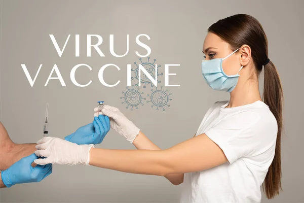 Side view of woman taking jar of vaccine and syringe from man in latex gloves isolated on grey, virus vaccine illustration — Stock Photo