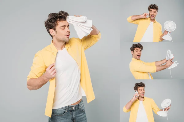 Collage of man talking on smartphone and suffering from heat with towel and desk fans on grey — Stock Photo