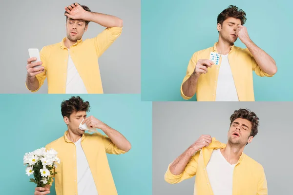 Collage of man looking at smartphone and suffering from heat on grey and man with bouquet, napkin and blister pack with pills on blue — Stock Photo