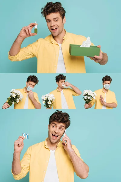 Collage von Mann in medizinischer Maske mit Tabletten, Nasentropfen, Servietten und Blumen, die an Allergien leiden und auf dem Smartphone blau sprechen — Stockfoto