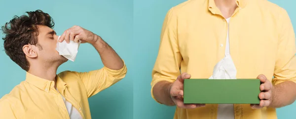 Collage of man blowing out nose with napkins and holding box on blue, panoramic shot — Stock Photo