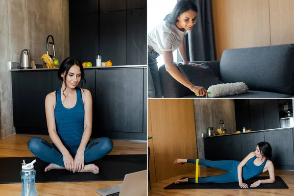 Collage with woman cleaning dust, exercising with resistance band and training online with laptop during self isolation — Stock Photo