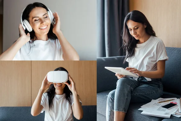 Collage mit einer Frau, die mit Dokumenten und digitalem Tablet arbeitet, VR-Headset benutzt und Musik mit Kopfhörern auf Selbstisolierung hört — Stockfoto