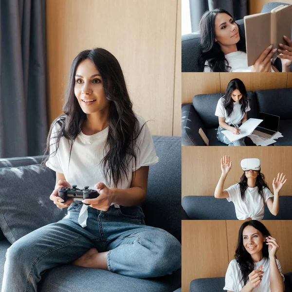 KYIV, UCRANIA - 9 de abril de 2020: collage con una mujer jugando videojuegos con joystick, leyendo libros, trabajando, usando auriculares vr y escuchando música con auriculares en el autoaislamiento - foto de stock