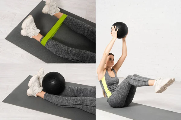 Collage of woman working out with resistance band and black balls — Stock Photo