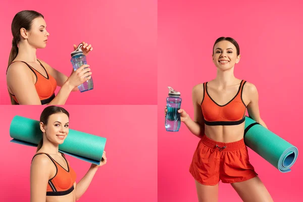 Collage de la deportista feliz sosteniendo la botella de los deportes con el agua y la estera de la aptitud en rosa - foto de stock