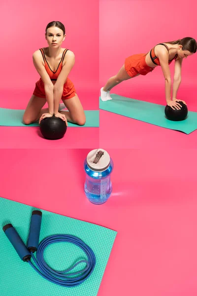 Collage de mujer joven en ropa deportiva haciendo ejercicio con pelotas cerca de saltar la cuerda y la botella de deportes en rosa - foto de stock