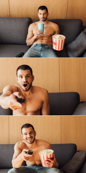 Колаж емоційного і без сорочки чоловіка, який дивиться фільм, тримає попкорн відро і питну соду — стокове фото