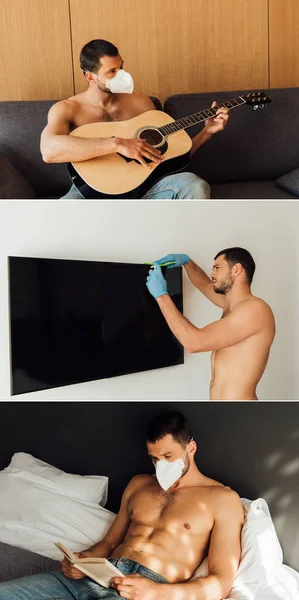 Collage of man in medical mask playing acoustic guitar, reading book and house cleaning at home — Stock Photo