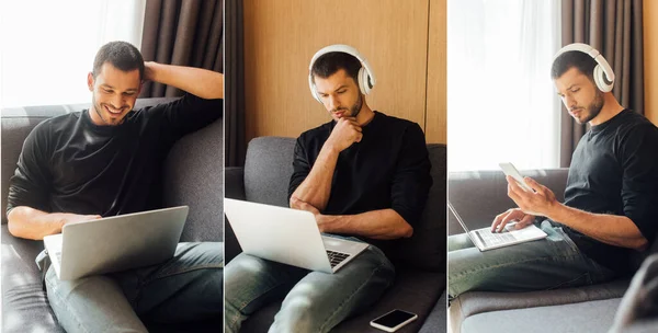 Collage de pigiste heureux dans les écouteurs sans fil à l'aide d'un ordinateur portable et smartphone à la maison — Photo de stock