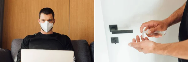 Колаж блогера в медичній масці використовує ноутбук і тримає ручний дезінфікуючий засіб вдома — стокове фото