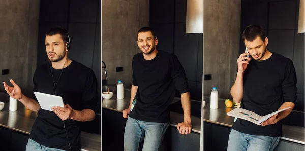 Collage of handsome freelancer in headset using digital tablet and talking on smartphone at home — Stock Photo