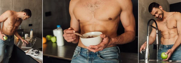 Colagem de maçãs sem camisa freelancer segurando, tigela com café da manhã e usando laptop com tela em branco — Fotografia de Stock