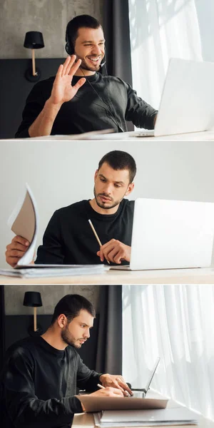 Collage de freelancer feliz en auriculares saludando la mano mientras tiene videollamada y el uso de la computadora portátil cerca de carpetas en casa - foto de stock