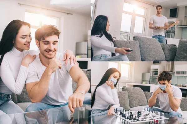 Collage with ill couple in medical masks playing chess, having pizza and throwing coin at home during self isolation — Stock Photo