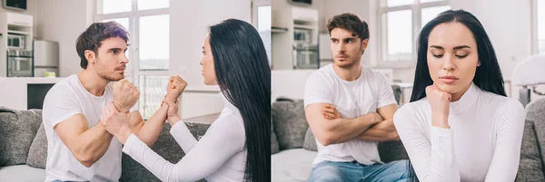 Colagem com casal zangado brigando durante auto-isolamento em casa, conceito panorâmico — Fotografia de Stock