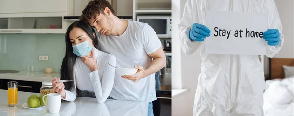 Collage with doctor in protective suit holding stay at home card and ill couple at home — Stock Photo