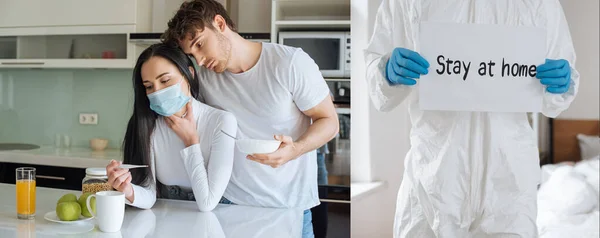 Collage con médico en traje de protección que sostiene la estancia en la tarjeta de residencia y la pareja enferma en casa - foto de stock