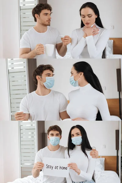 Collage avec couple malade dans des masques médicaux tenant à la maison signe, tasse et thermomètre à la maison pendant l'auto-isolement — Photo de stock