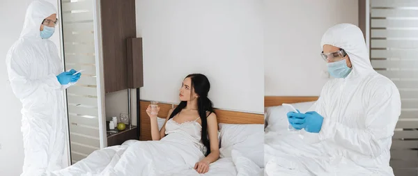 Collage con médico en traje protector usando smartphone en el dormitorio con la mujer enferma, encabezado del sitio web - foto de stock