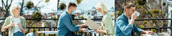 Collage of freelancers sitting on terrace with laptop, drinks and papers — Stock Photo