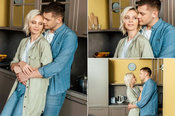 Collage de sourire jeune couple aimant étreignant dans la cuisine à la maison — Photo de stock